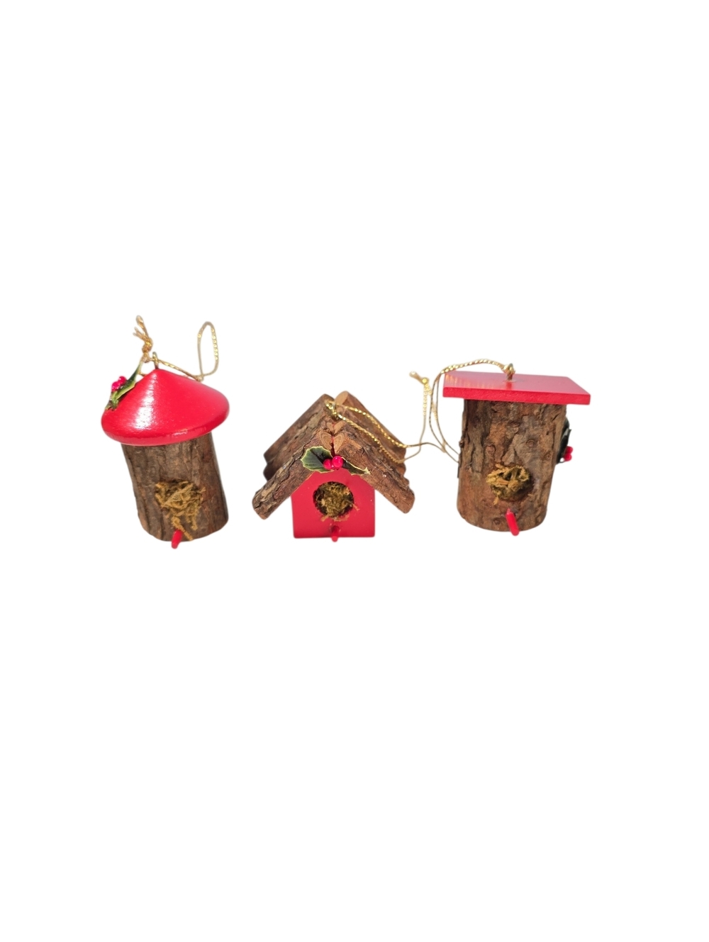 Set of 3 Vintage Small Made in Taiwan Wood Birdhouse Christmas Ornaments